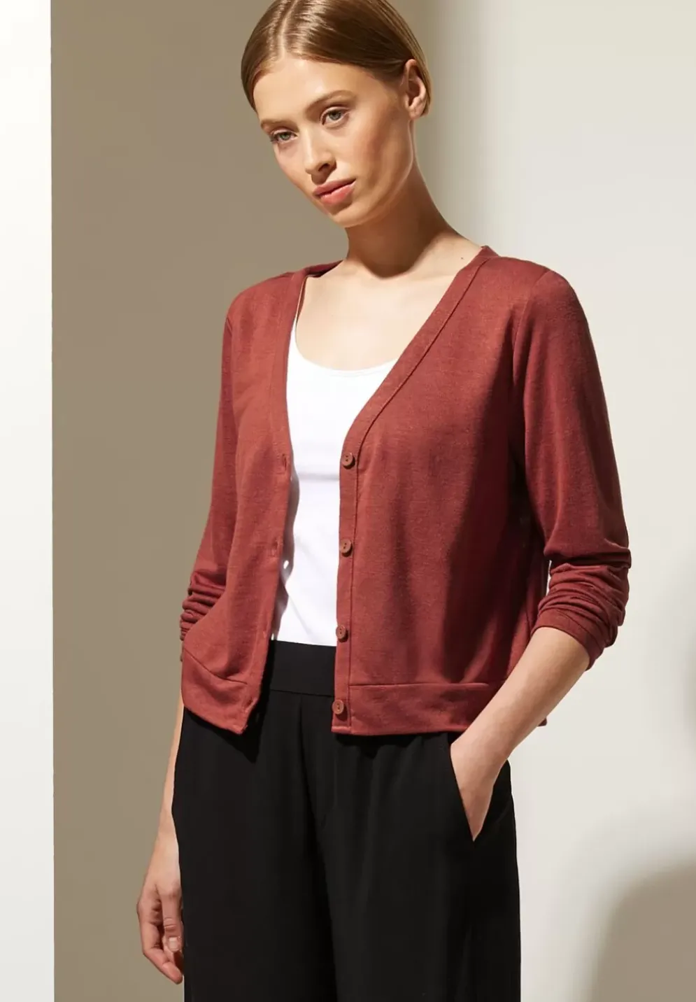 Kurze Leinenlook Strickjacke