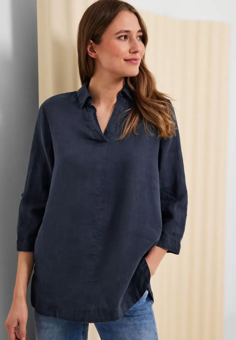 Leinen Longbluse In Unifarbe
